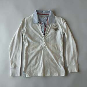 La Martina Women's White Long Sleeve Polo Shirt with Striped Faux-Layer Collar.